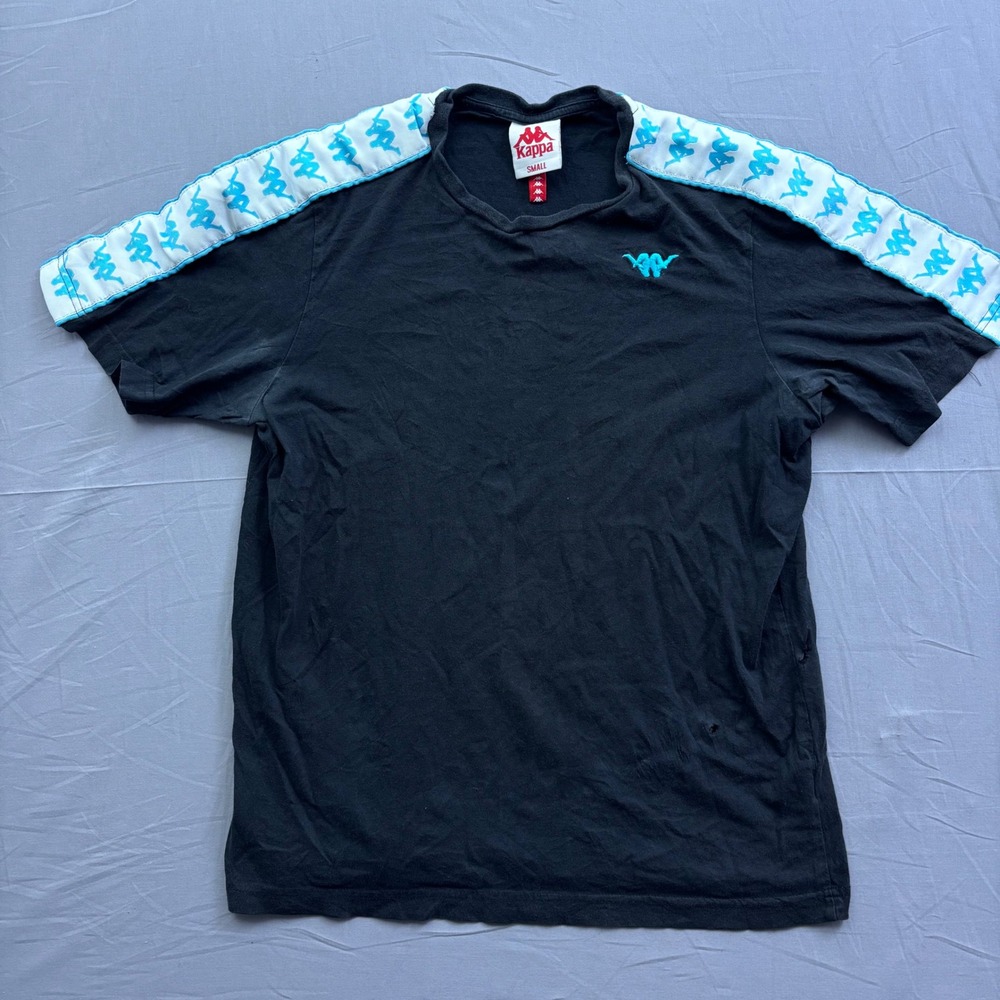 Kappa Mens Omini Logo Tape T-Shirt Black Teal White Crew Neck Small